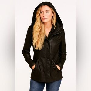 New Danier Leather Asymmetrical Hooded Jacket Stretchy Size Medium